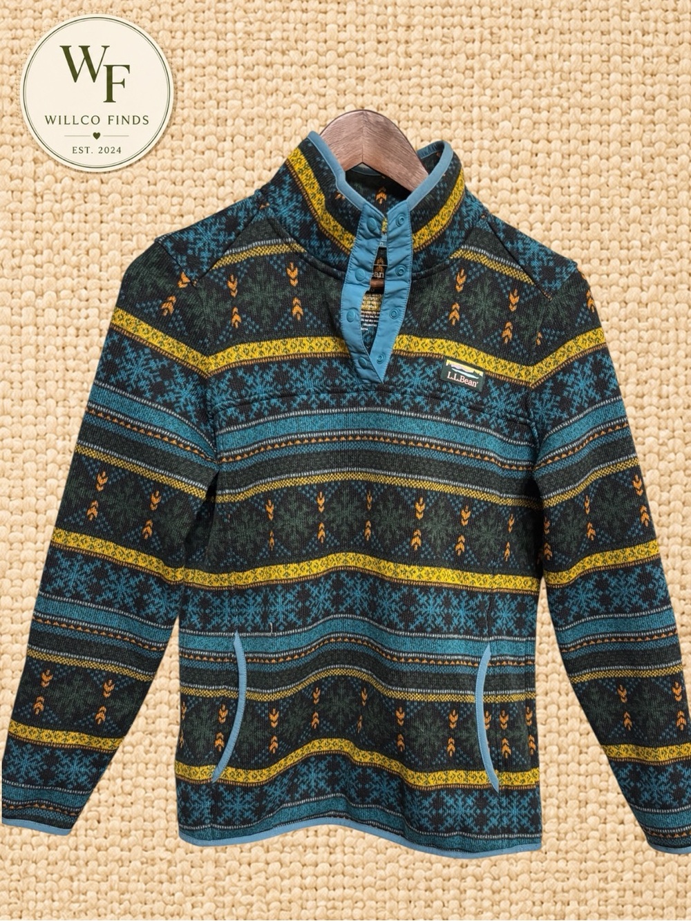 L.L.Bean Women’s Fair Isle Fleece Pullover Small Teal Green Mustard Snap Neck